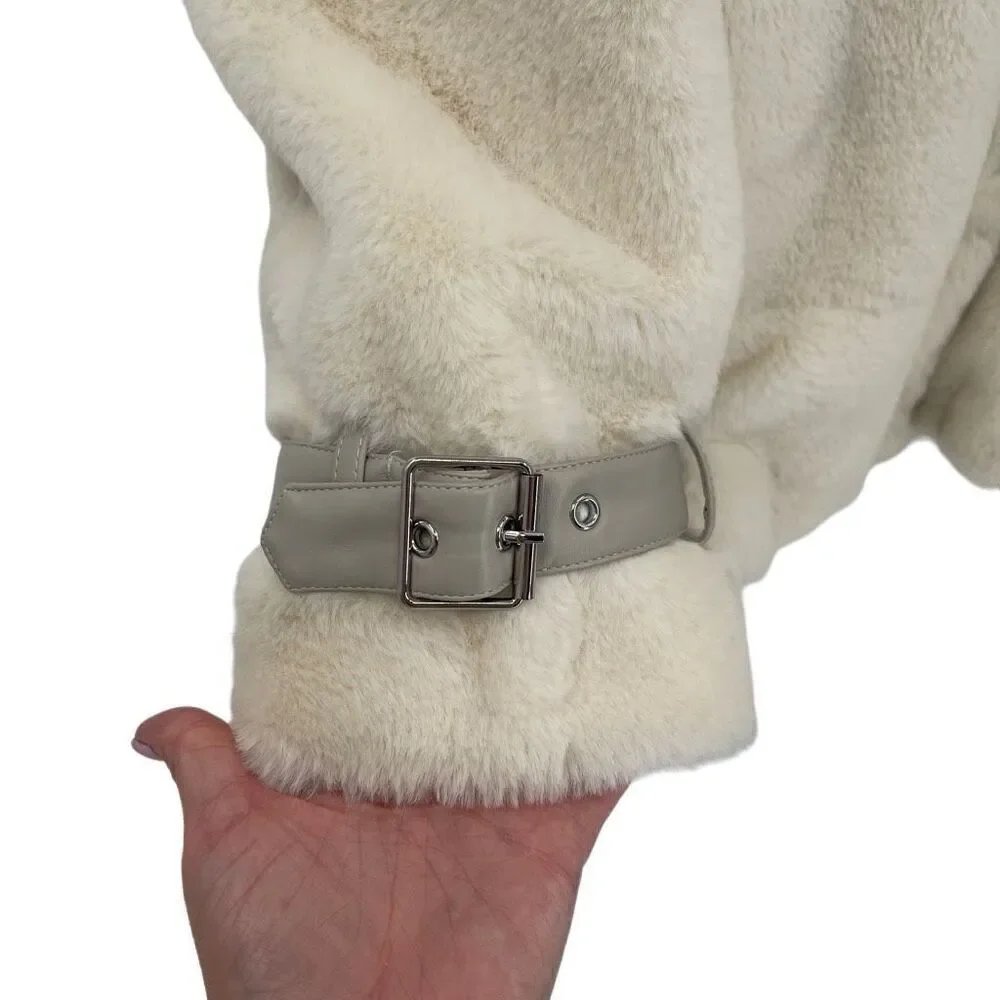 Lauren‎ Ralph Lauren Asymmetric Faux Fur Moto Coat Women Medium Cream Lined - Picture 7 of 12